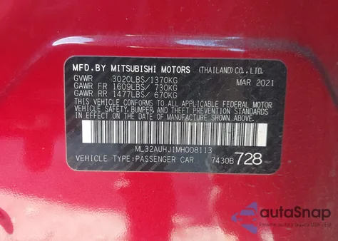 2021 Mitsubishi Mirage Carbonite Edition/Es/Le from USA, damaged, VIN ML32AUHJ1MH008113